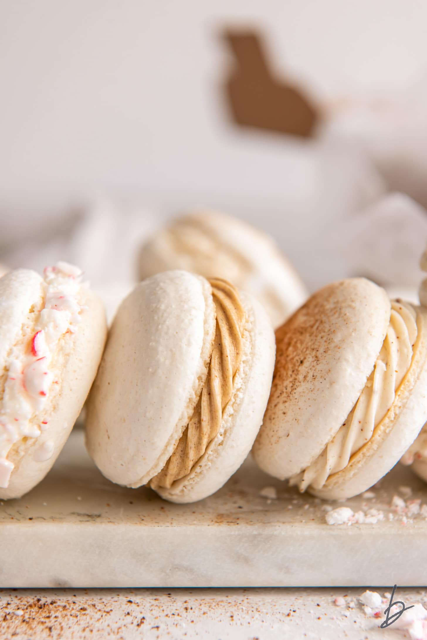 three macarons leaning against each other with peppermint filling, gingerbread filling and eggnog filling.