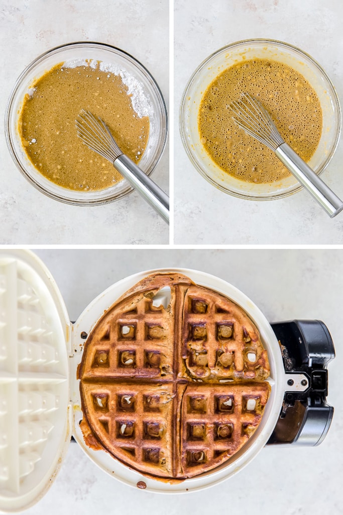 photo collage of making waffle batter in mixing bowl and in waffle iron