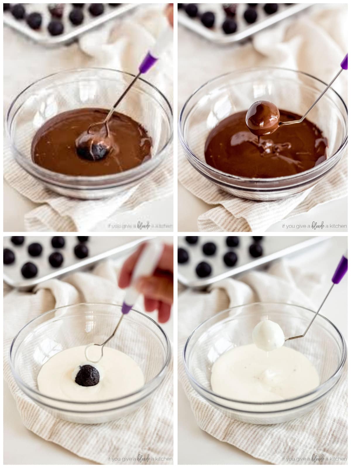 photo collage demonstrating how to dip oreo truffles in dark chocolate and white chocolate