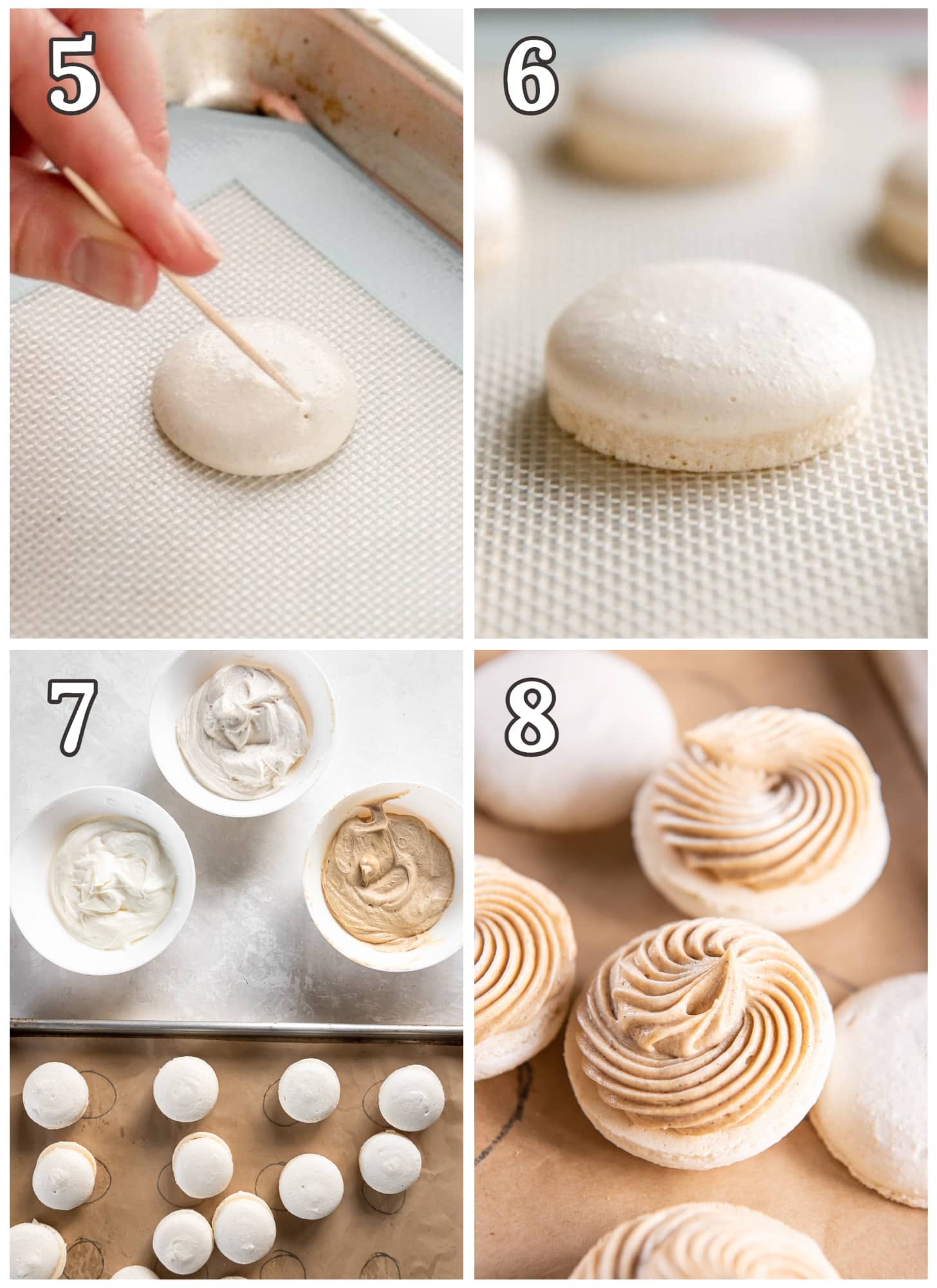 photo collage demonstrating how to make christmas macarons with gingerbread, peppermint or eggnog filling.