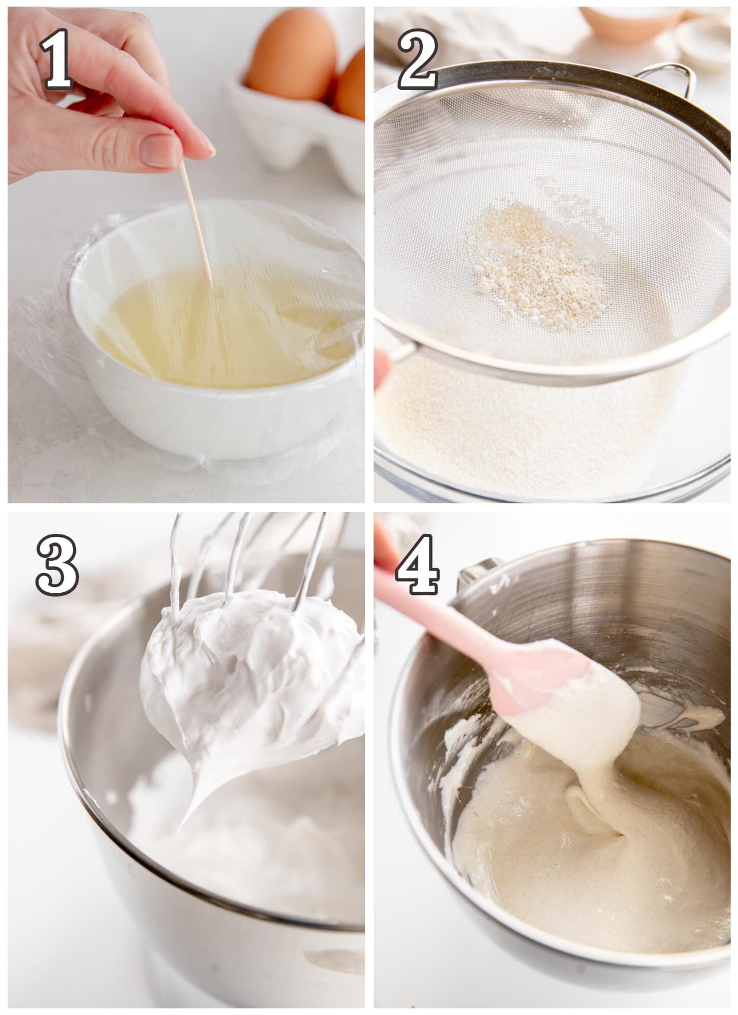 photo collage demonstrating how to make macaron batter.