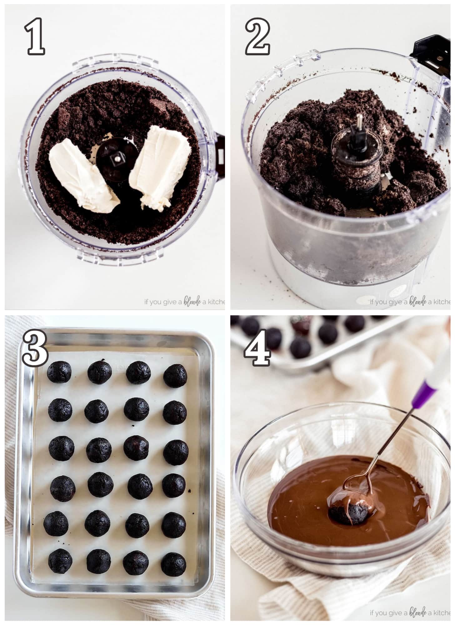 photo collage demonstrating how to make oreo truffles in a food processor and shape into balls.