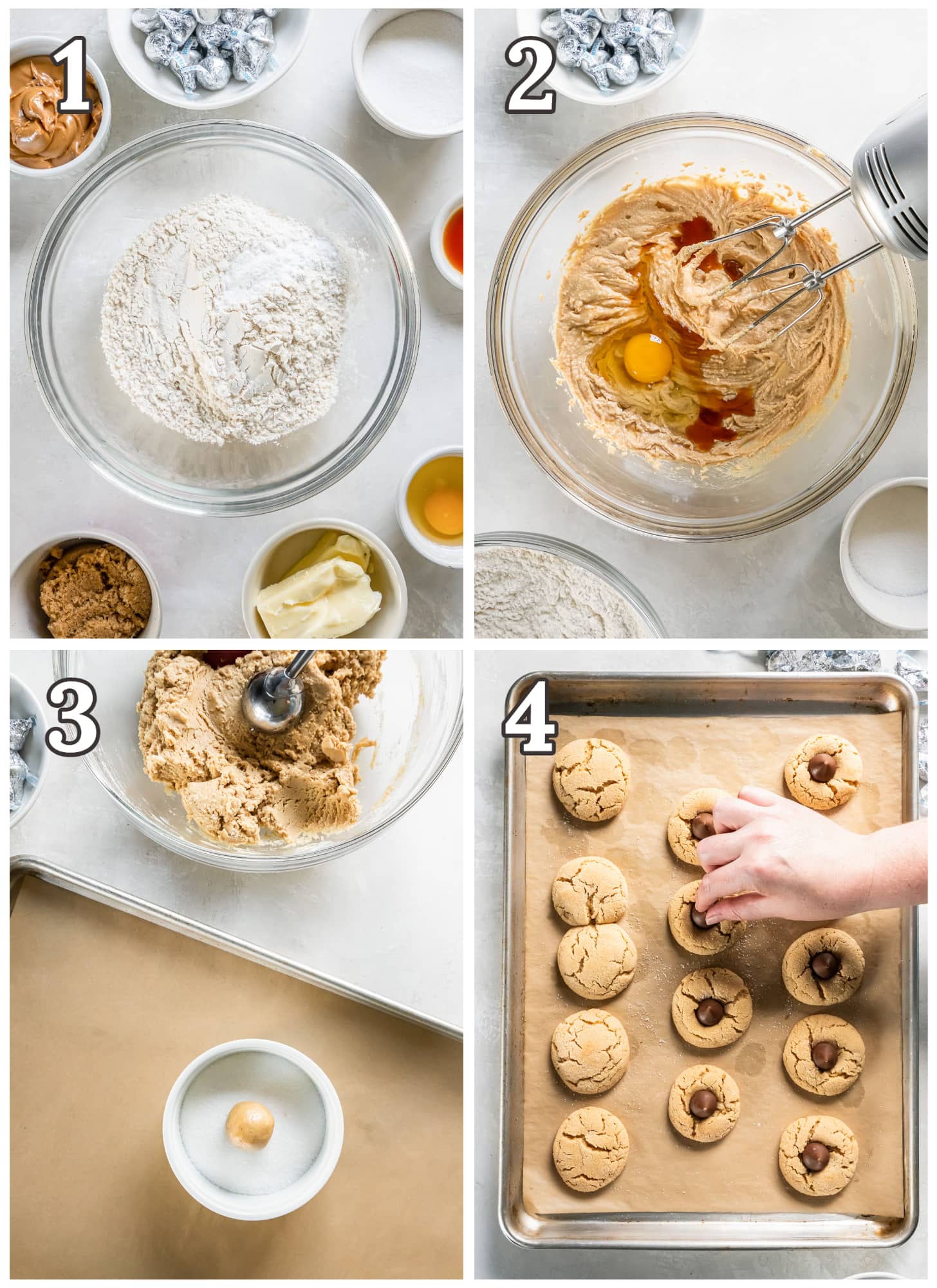 photo collage demonstrating how to make peanut butter blossoms in a mixing bowl and a baking sheet.