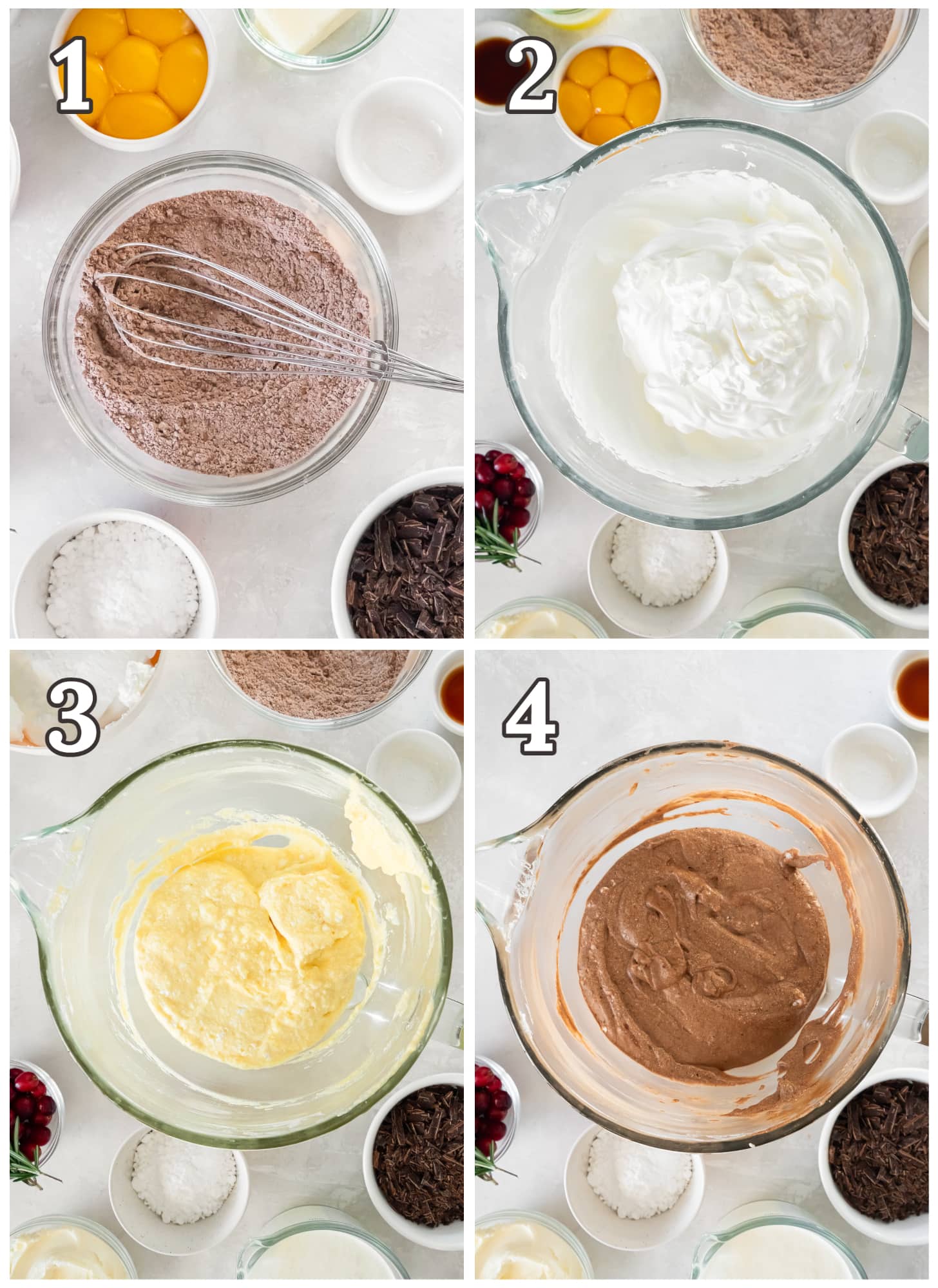 photo collage demonstrating how to make buche de noel cake batter in a mixing bowl.