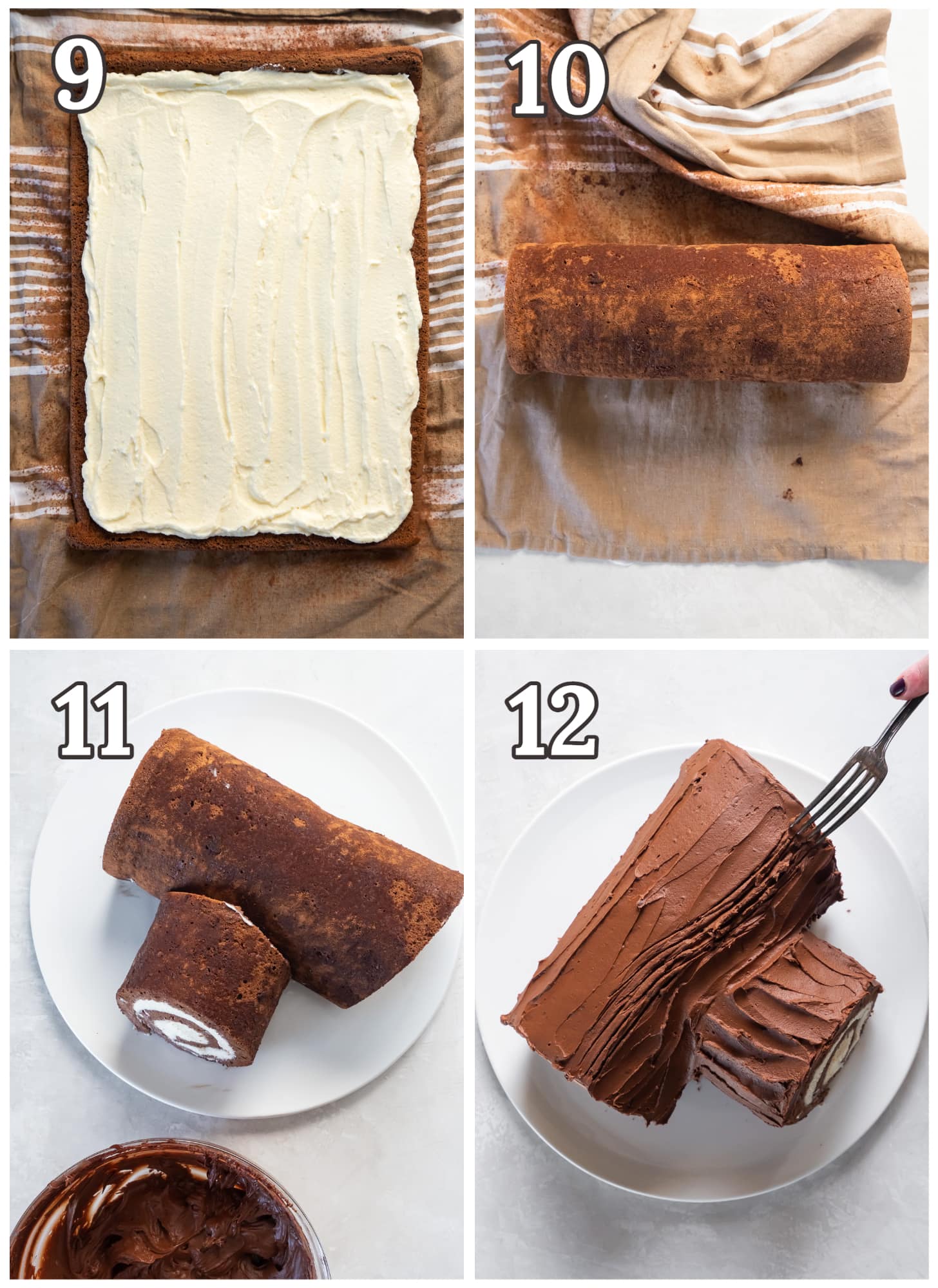photo collage demonstrating how to frost and reroll buche de noel cake and cut into log shape.