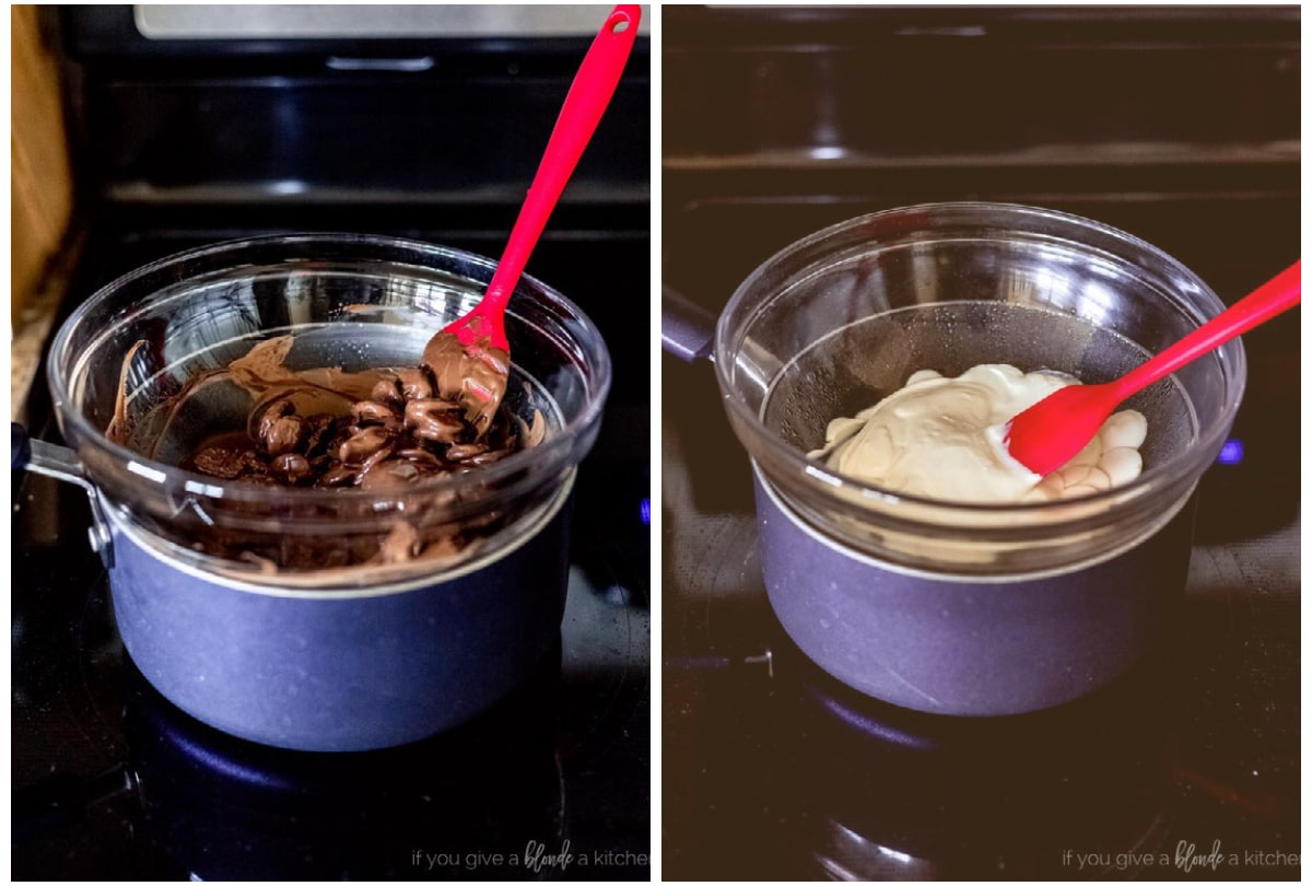 two photo collage demonstrating how to use a makeshift double boiler to melt chocolate