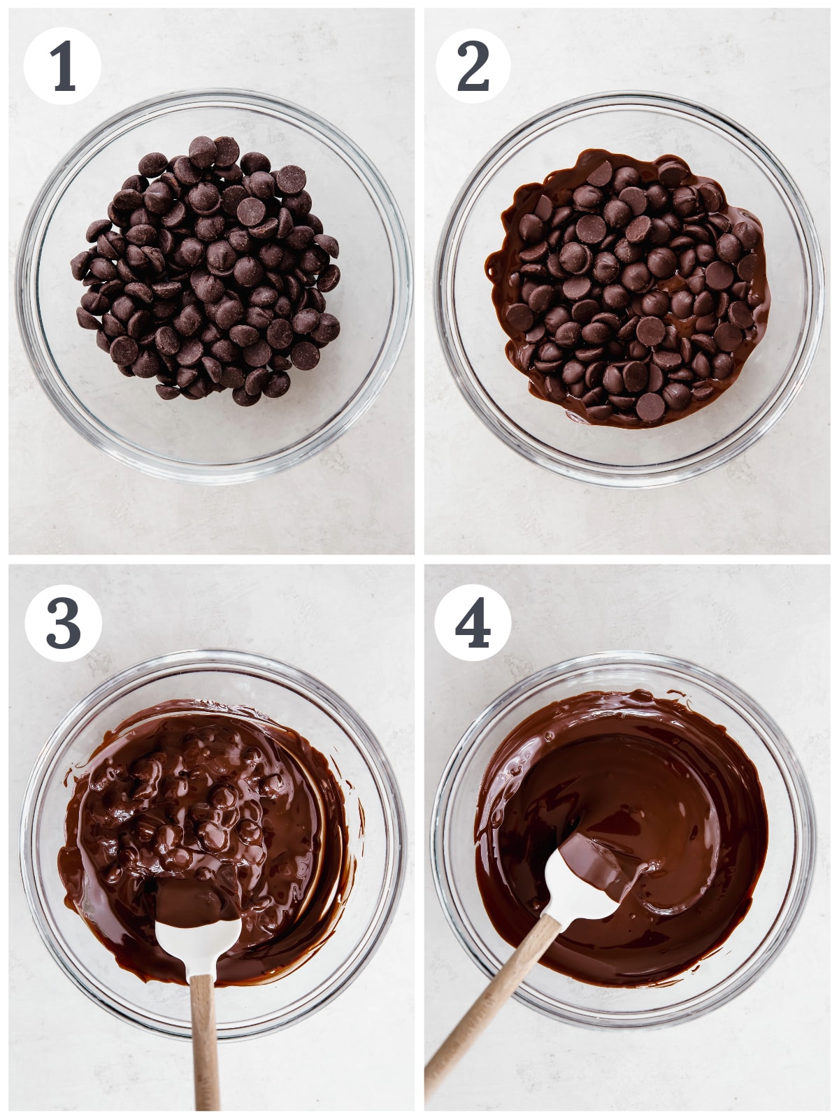 photo collage showing steps of how to melt chocolate in the microwave.