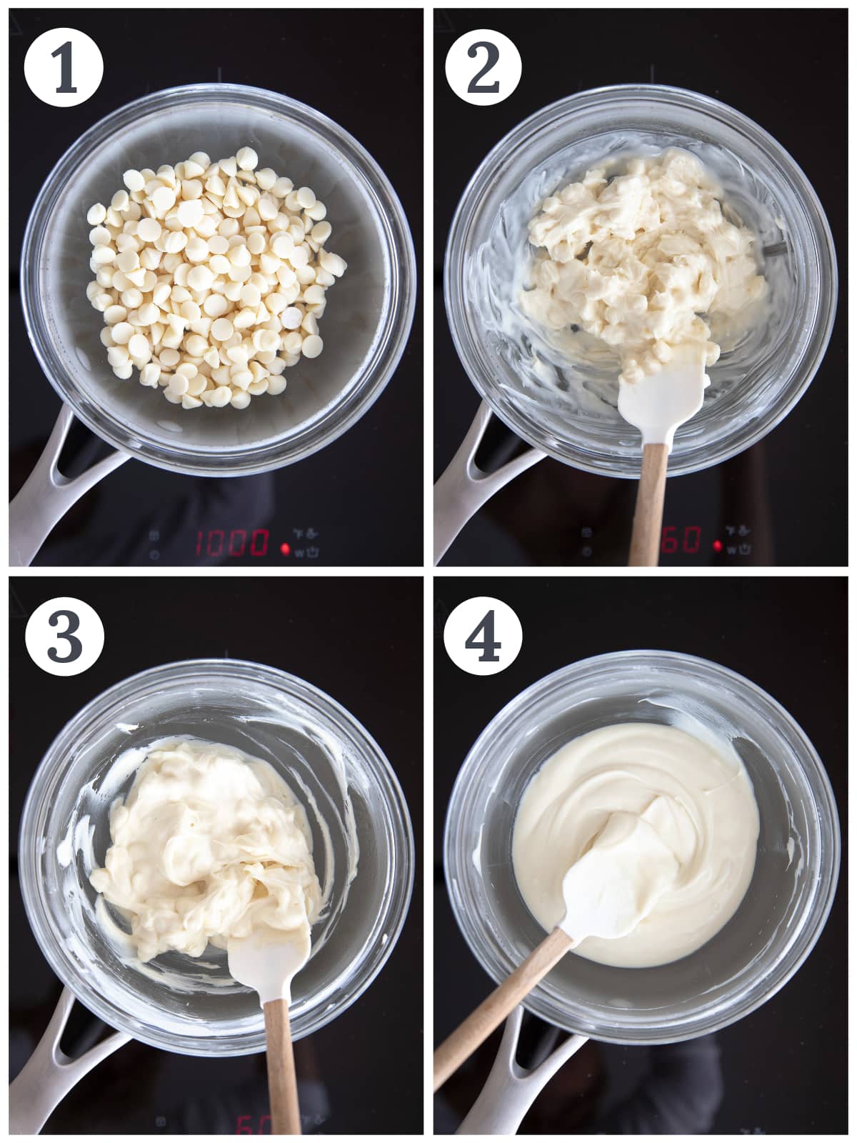 photo collage demonstrating how to melt chocolate on the stovetop using a makeshift double boiler.