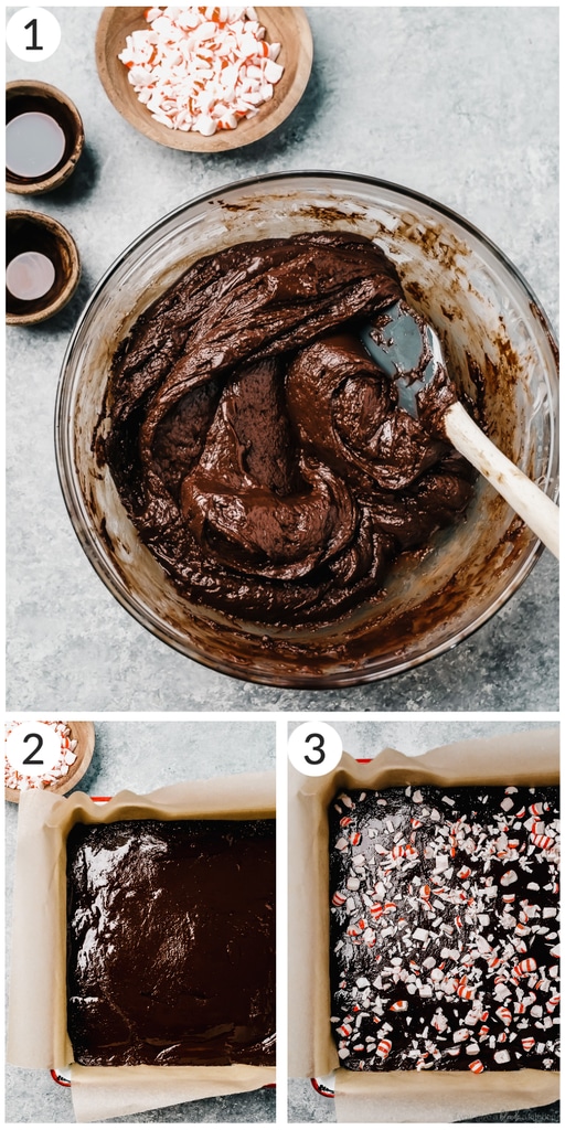 photo collage demonstrating how to make peppermint fudge in mixing bowl and 8x8 pan