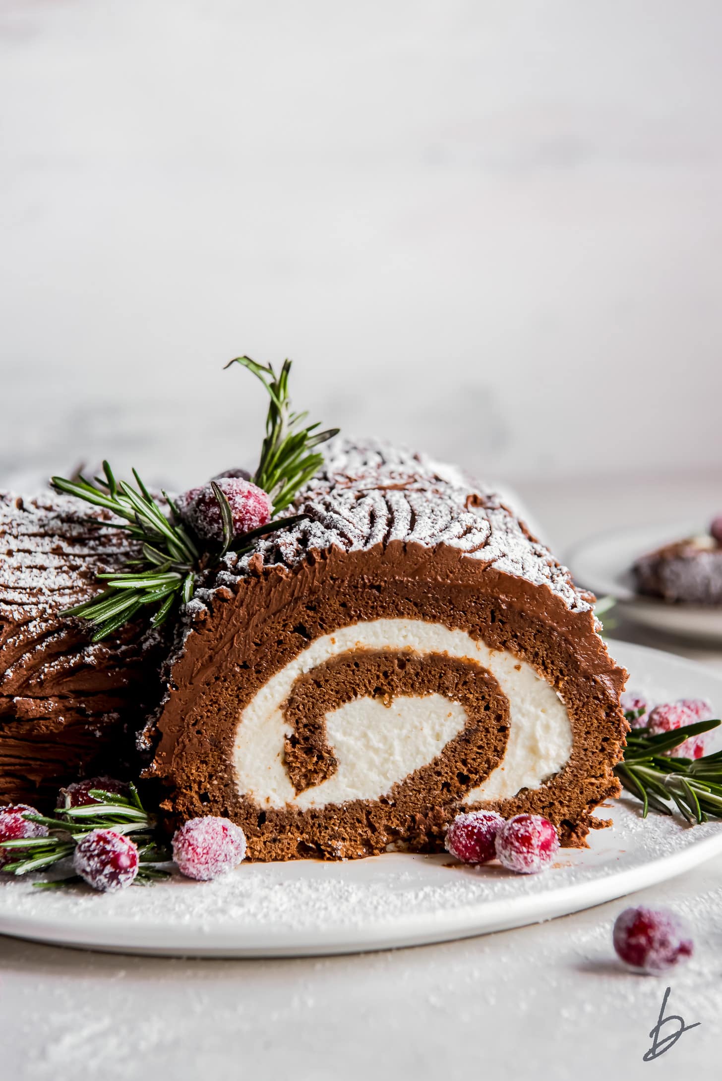 end of a yule log cake showing mascarpone filling swirl with chocolate cake.