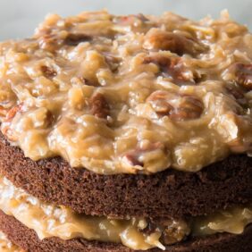 top of german chocolate cake with coconut pecan filling