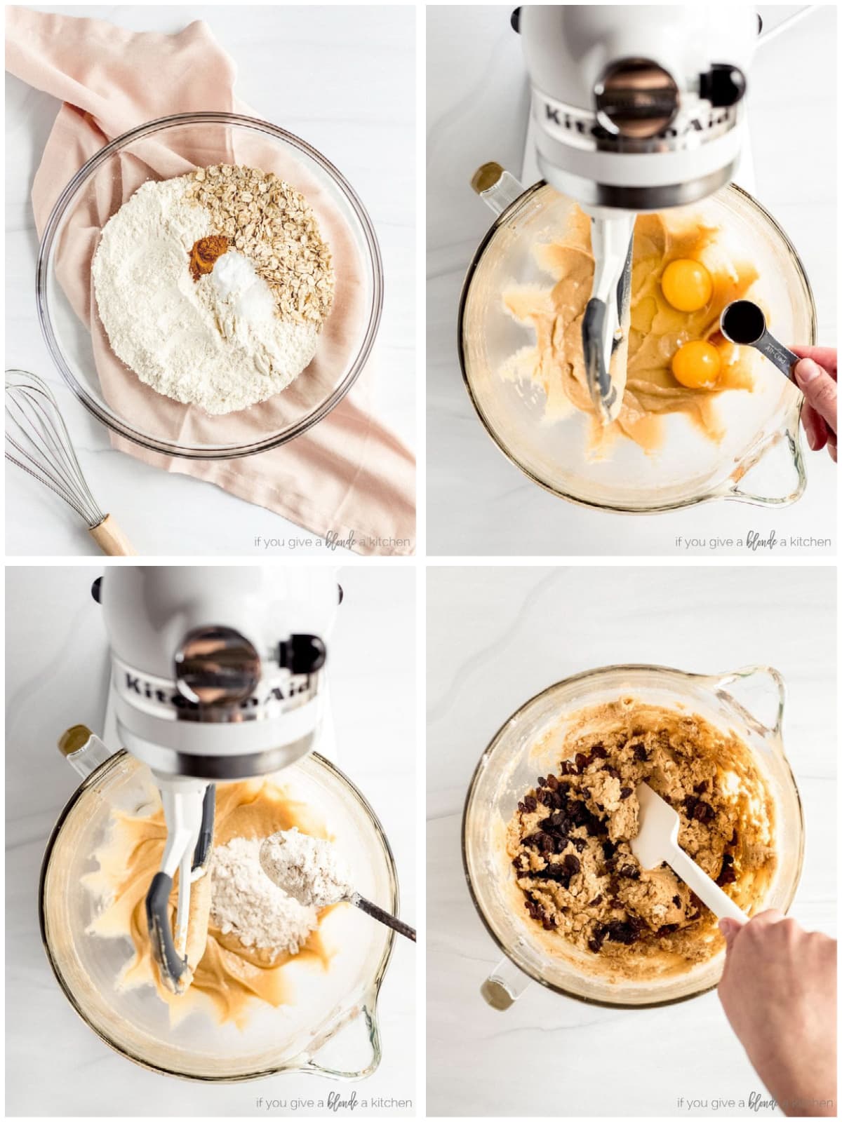 photo collage demonstrating how to make oatmeal cookie dough in the bowl of a stand mxier