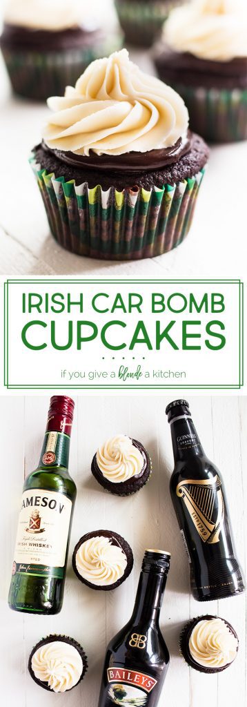 Irish Car Bomb Cupcakes are made of Guinness stout chocolate cake, Jameson Whiskey chocolate ganache and Bailey's buttercream frosting—the perfect St. Patrick's Day dessert!