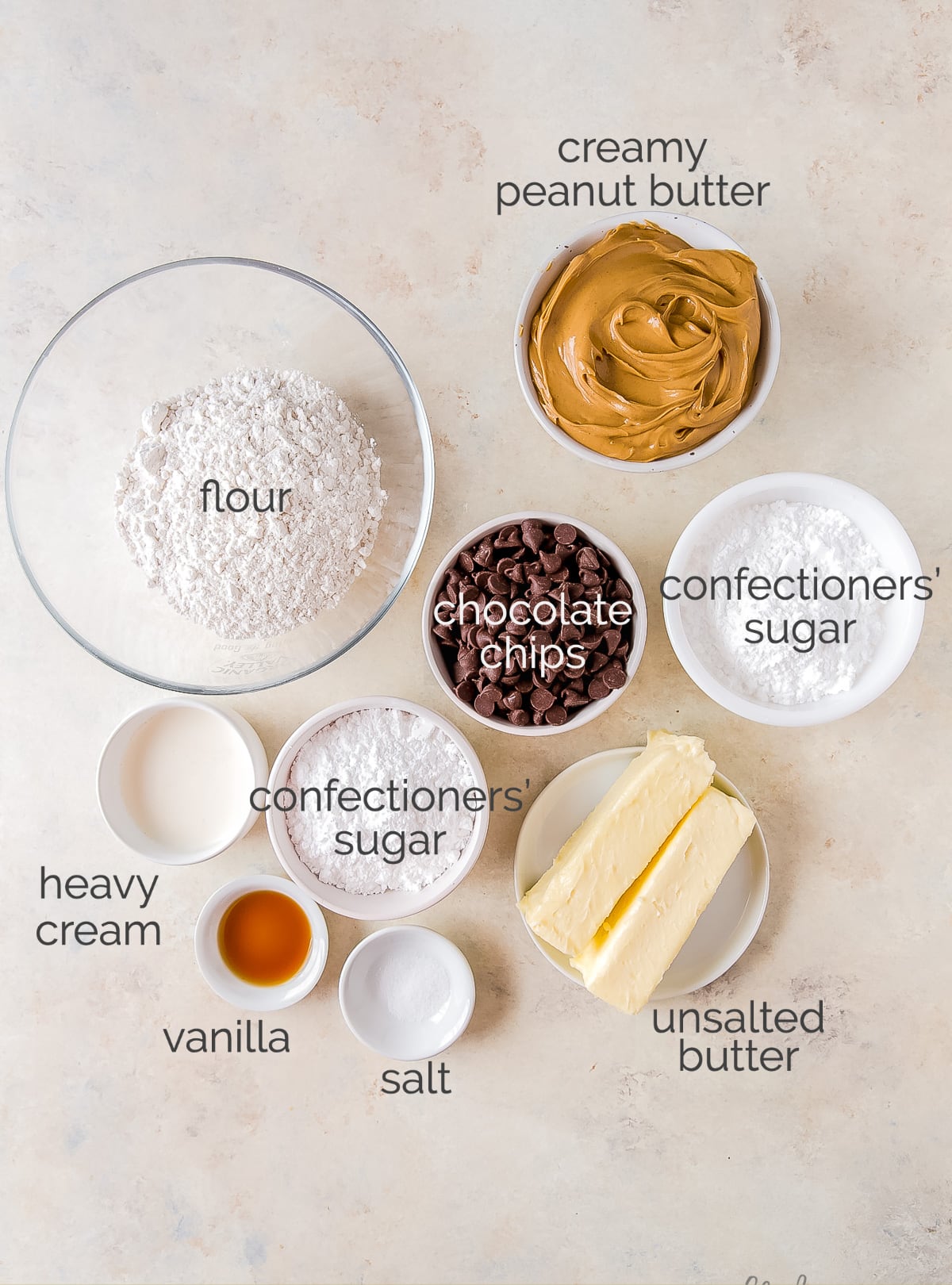 peanut butter chocolate bars ingredients in bowls labeled with text