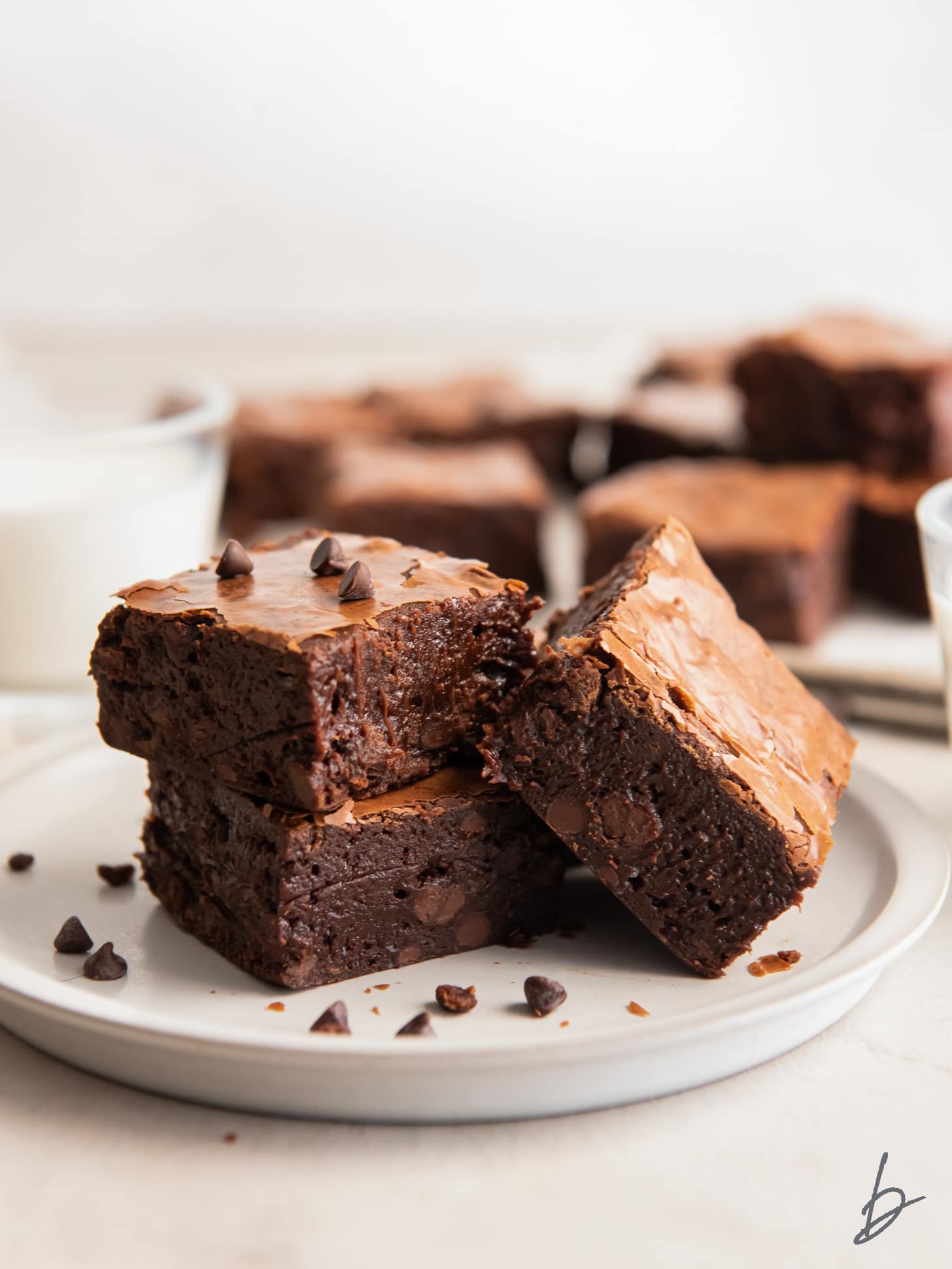three fudgy brownies on a plate with chocolate chips.