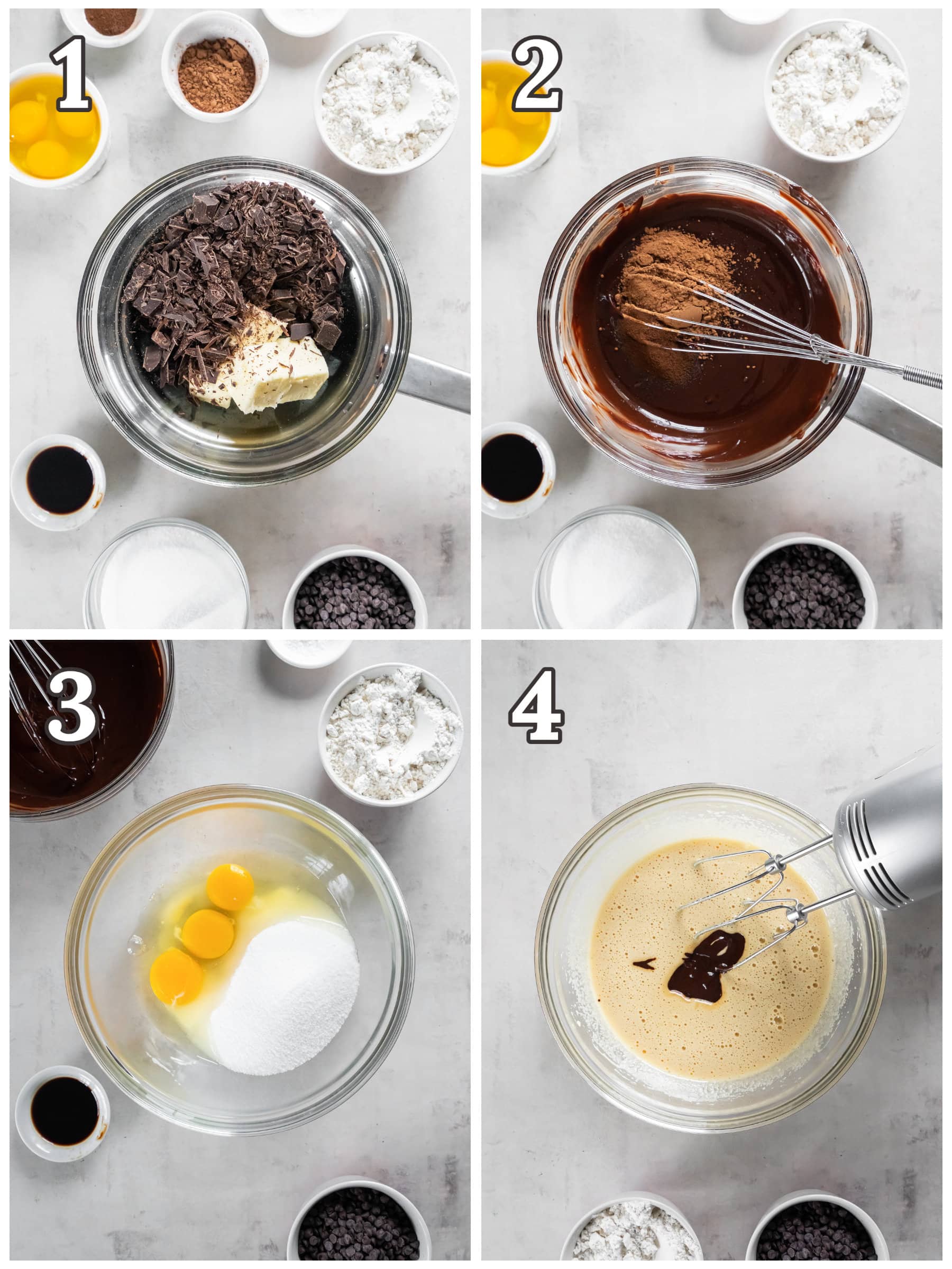 photo collage demonstrating how to make brownies in a mixing bowl.