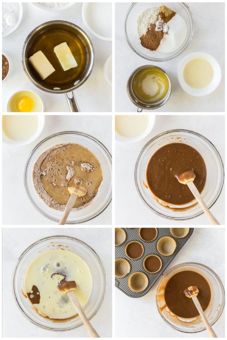 photo collage demonstrating how to make dark and stormy cupcake batter in a mixing bowl