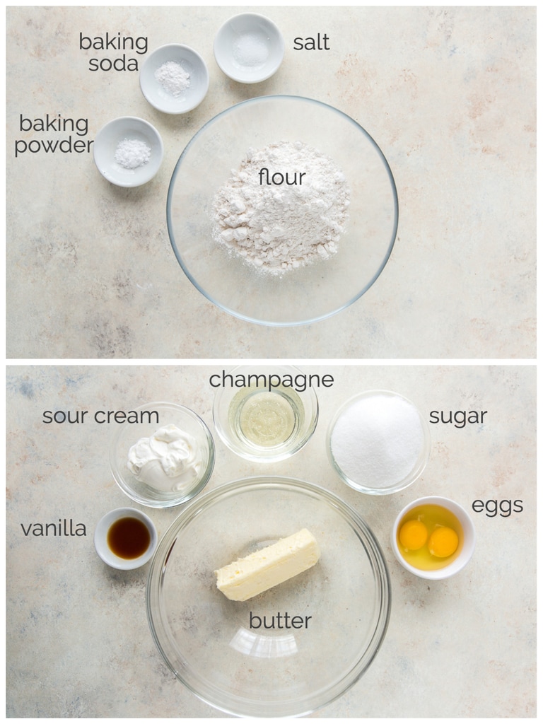 two photo collage of champagne cupcake ingredients in bowls, labeled with text