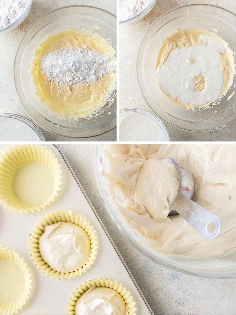 photo collage demonstrating how to alternate adding dry and wet ingredients to cupcake batter