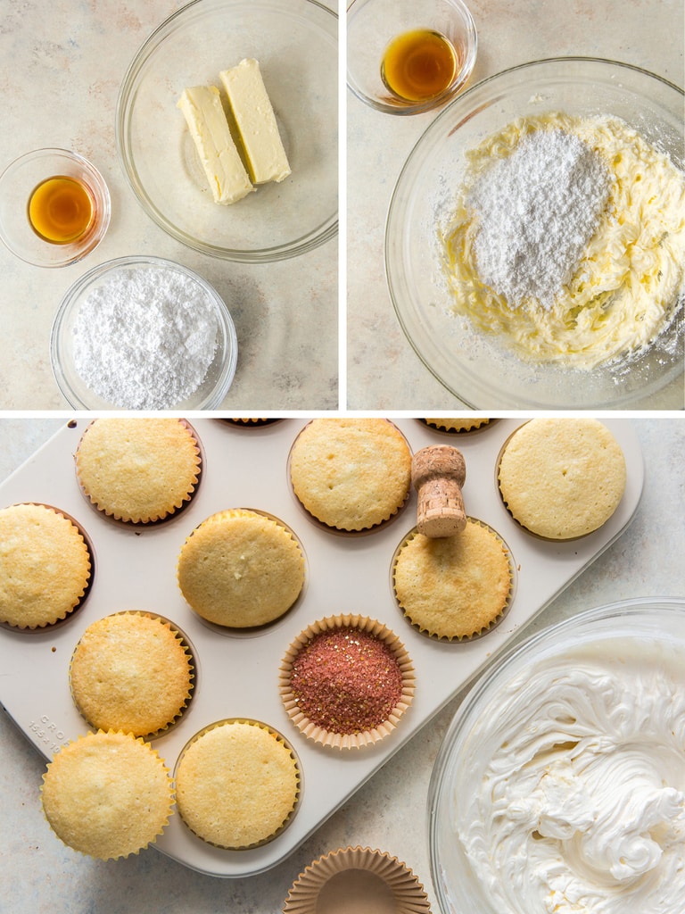photo collage demonstrating how to make champagne frosting