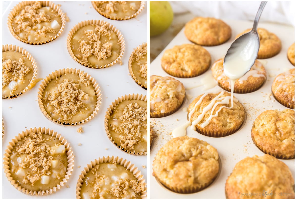 two photo collage demonstrating how to top muffins with brown sugar and honey glaze