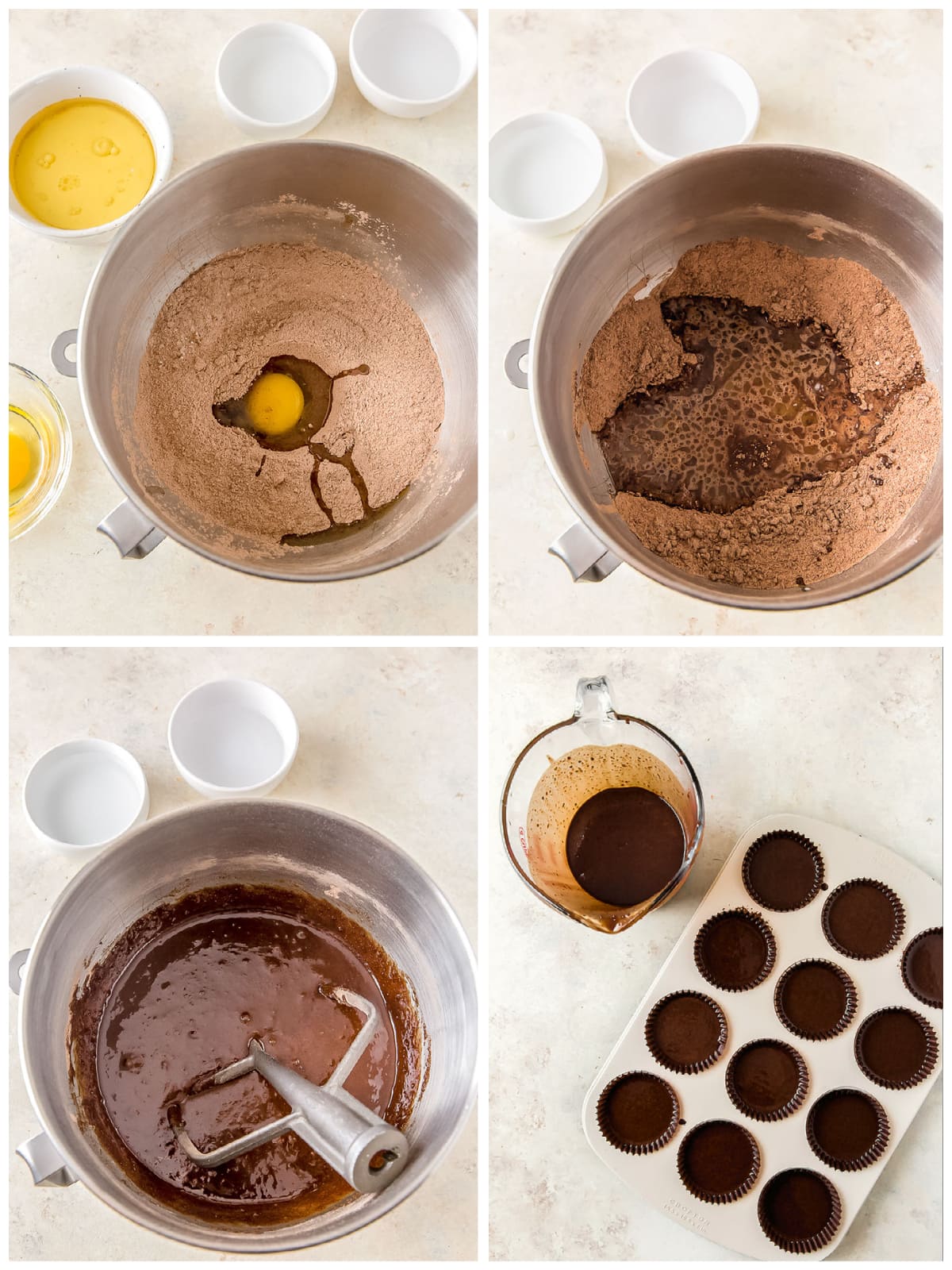 photo collage demonstrating how to make hot cocoa cupcake batter in mixing bowl
