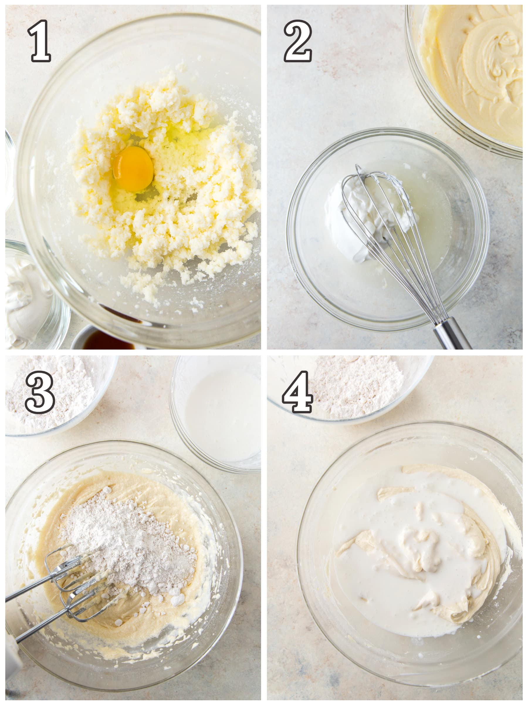 photo collage demonstrating how to make champagne cupcakes in a mixing bowl with a hand mixer.