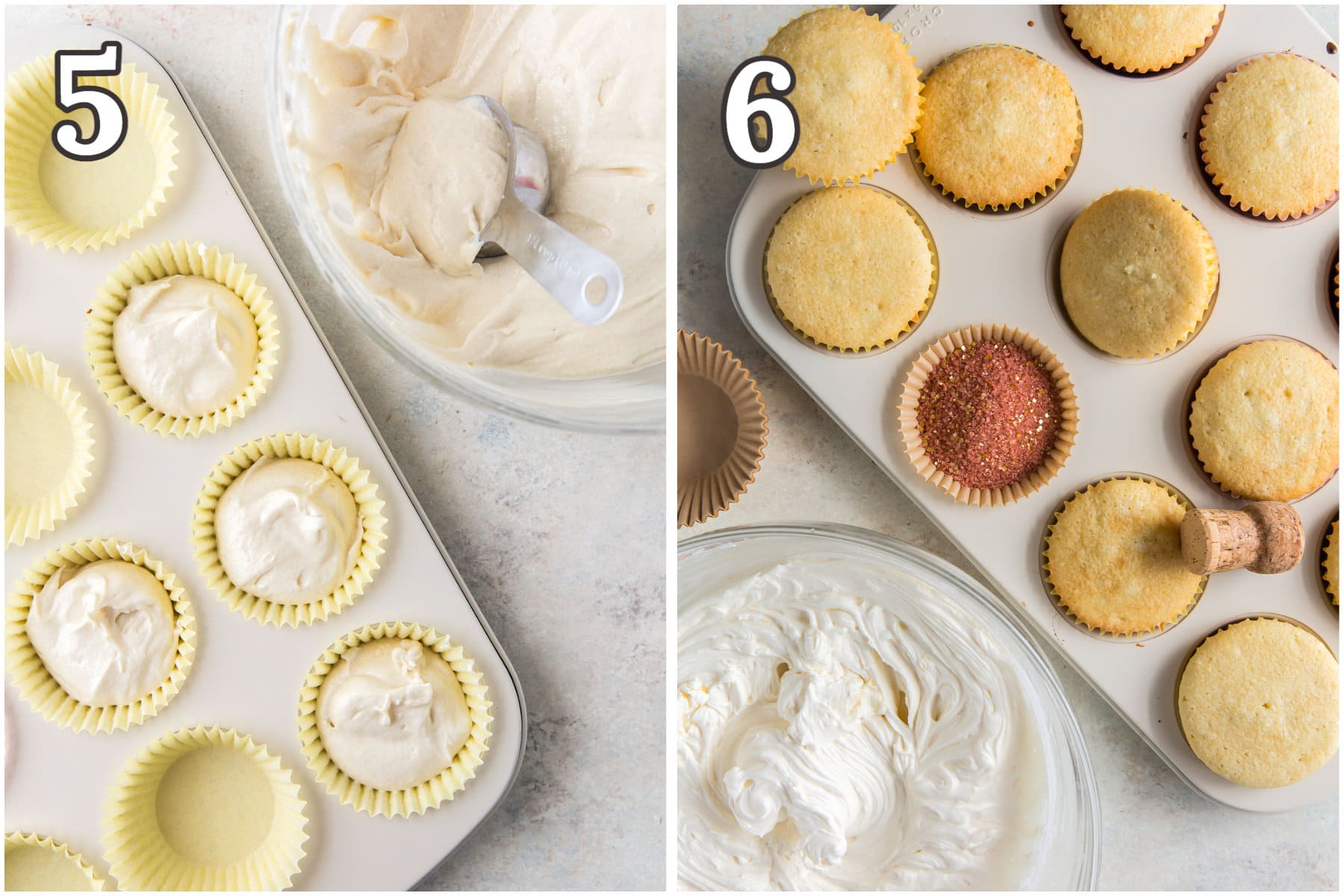photo collage demonstrating how to bake champagne cupcakes in a muffin tin and add champagne buttercream frosting.