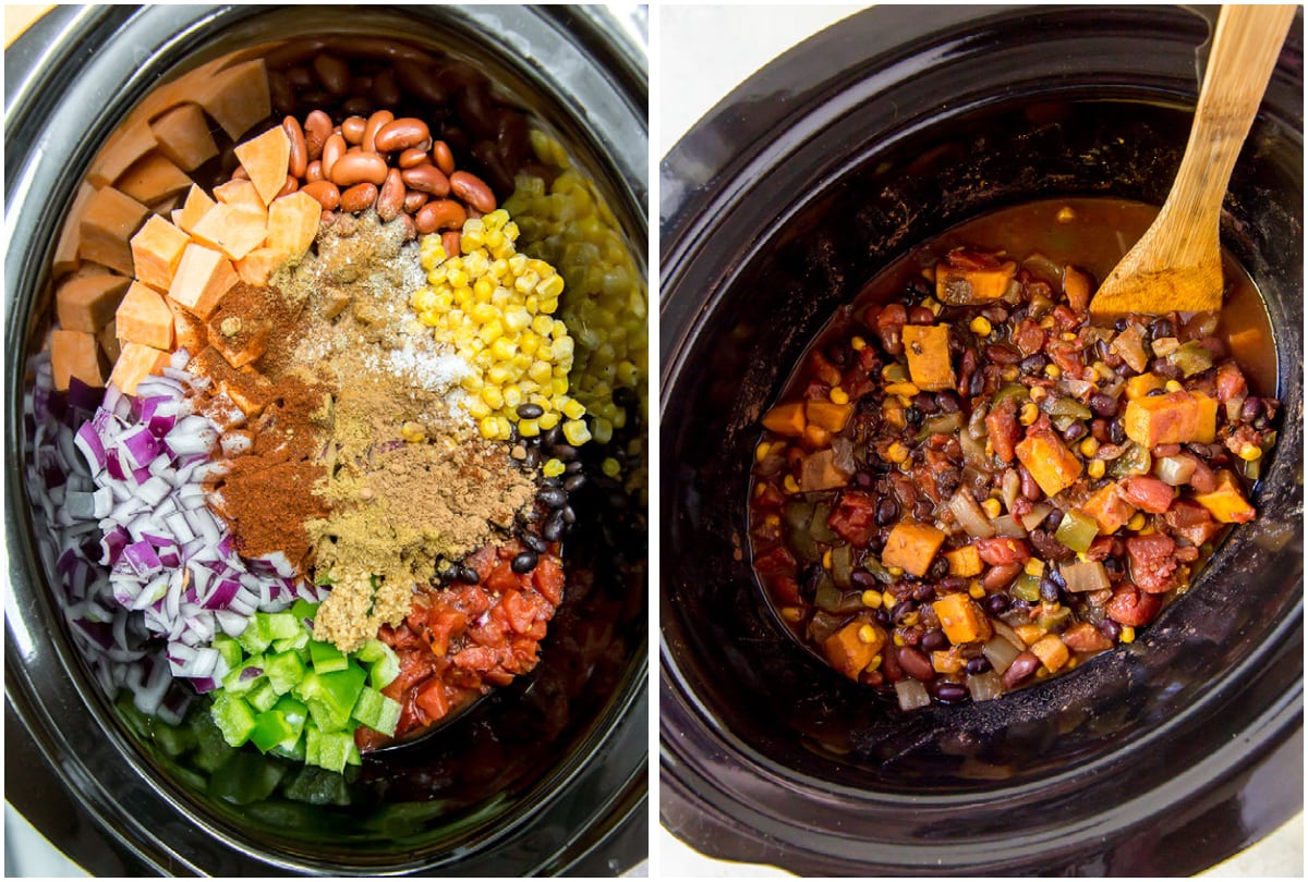 before and after photo collage of sweet potato chili in crock pot