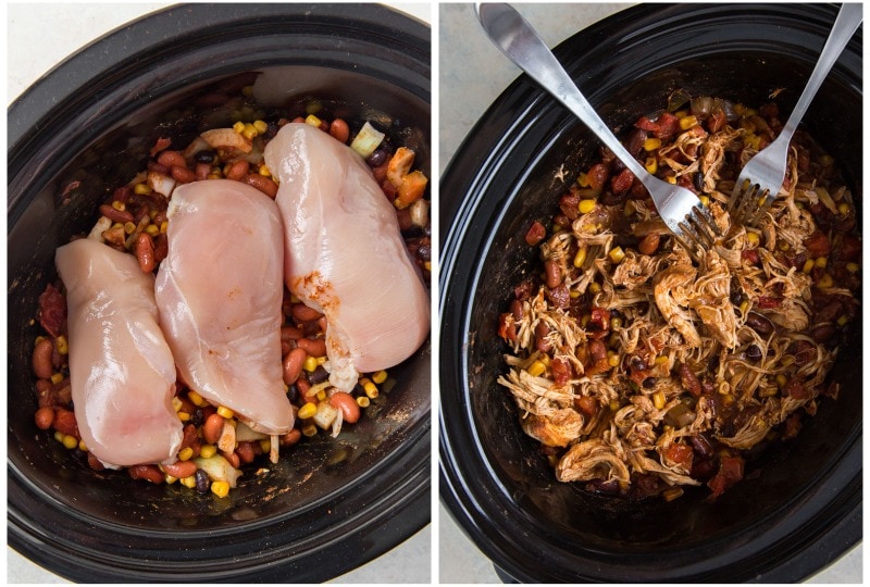 photo collage showing chicken in crockpot before cooked and after cooked