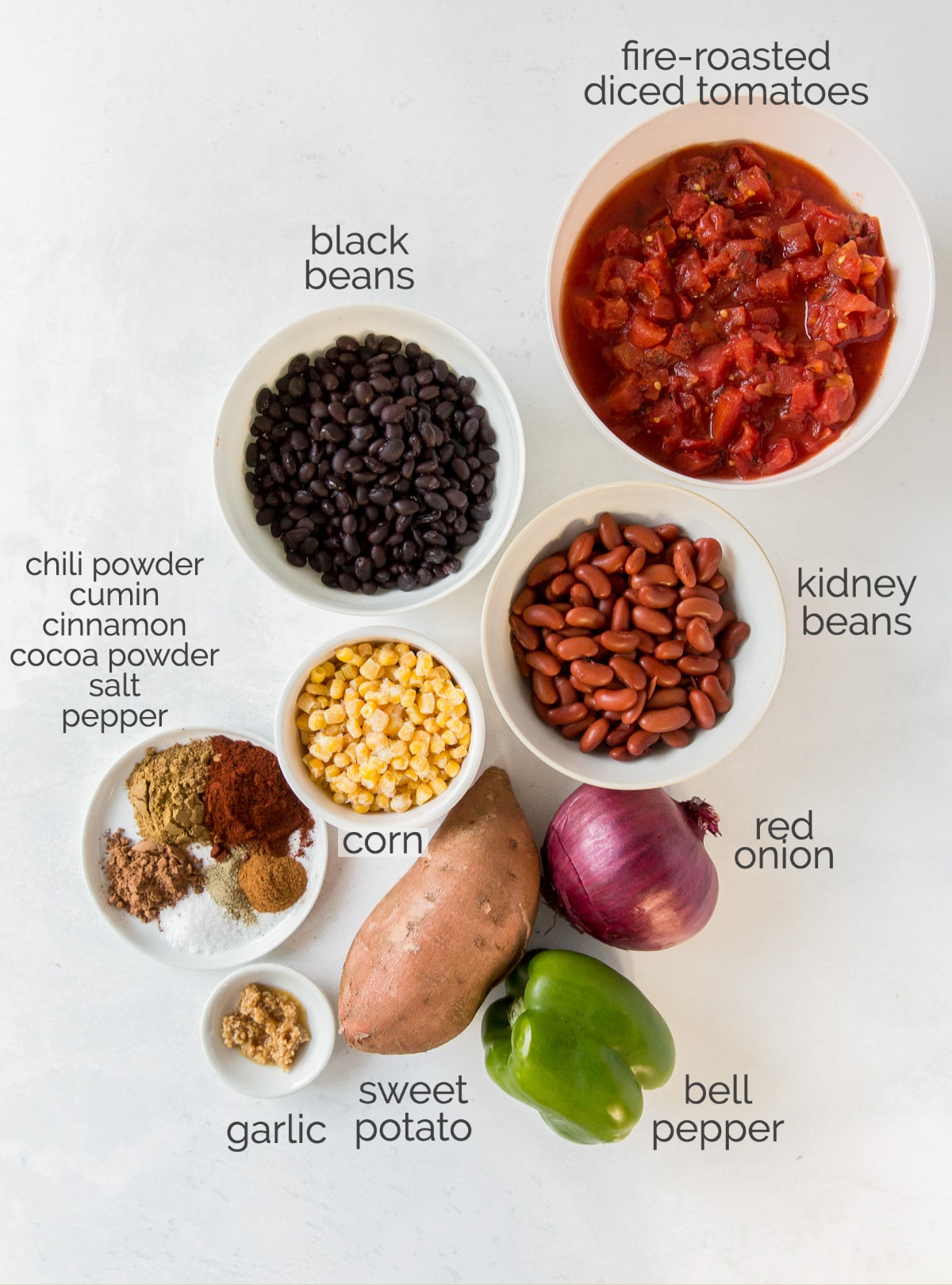 sweet potato chili ingredients in bowls labeled with text