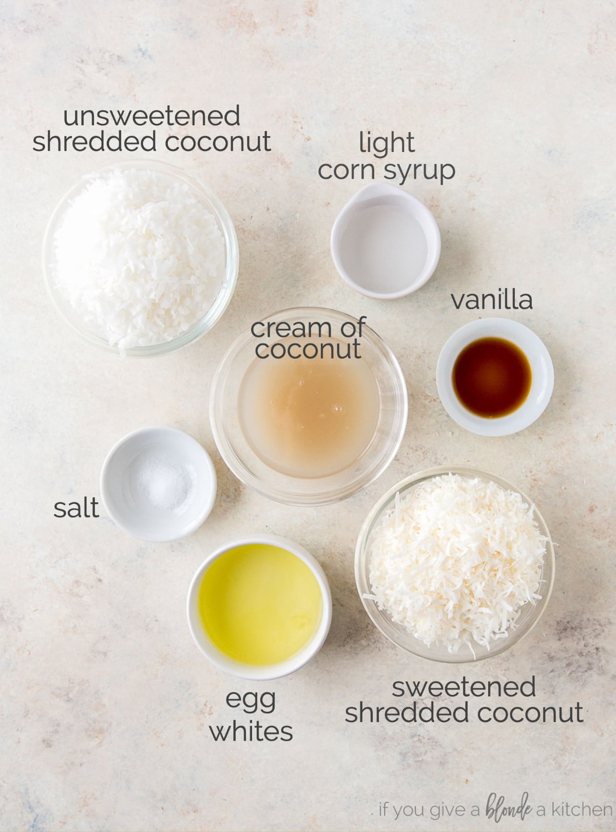 coconut macaroon ingredients in bowls labeled with text