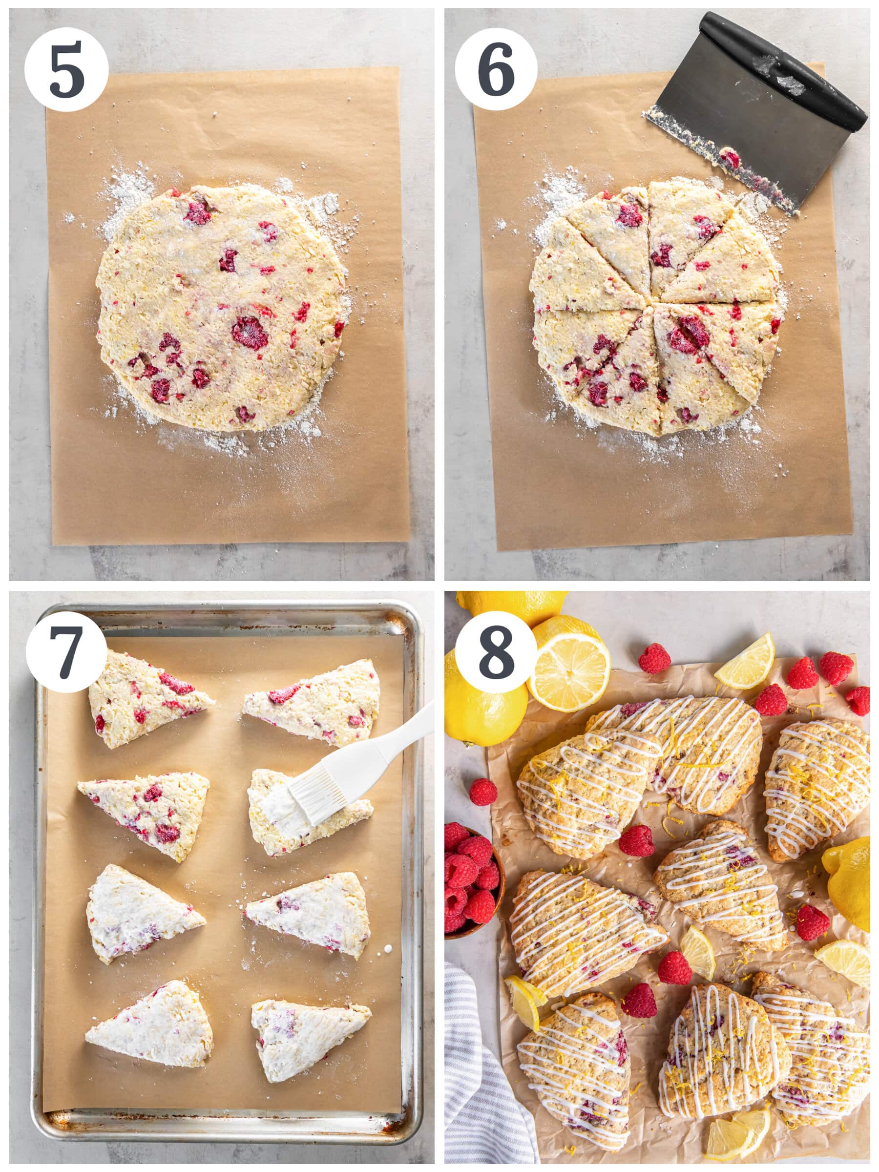 photo collage demonstrating how to cut raspberry scones into triangle and add lemon glaze.