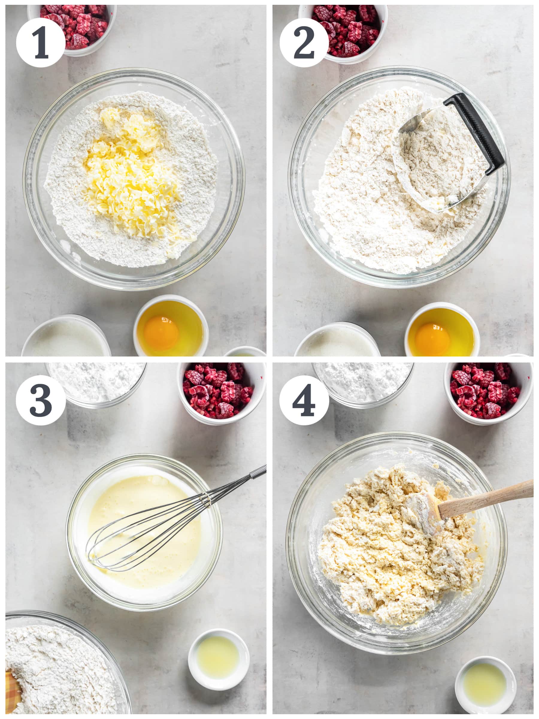photo collage demonstrating how to make raspberry scone dough in a mixing bowl.