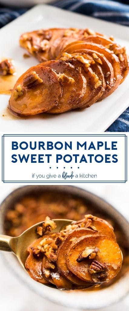 Bourbon maple glazed sweet potatoes are the perfect side dish for Thanksgiving and Christmas. This recipe makes sweet and savory sweet potatoes topped with crushed pecans sauce. | www.ifyougiveablondeakitchen.com
