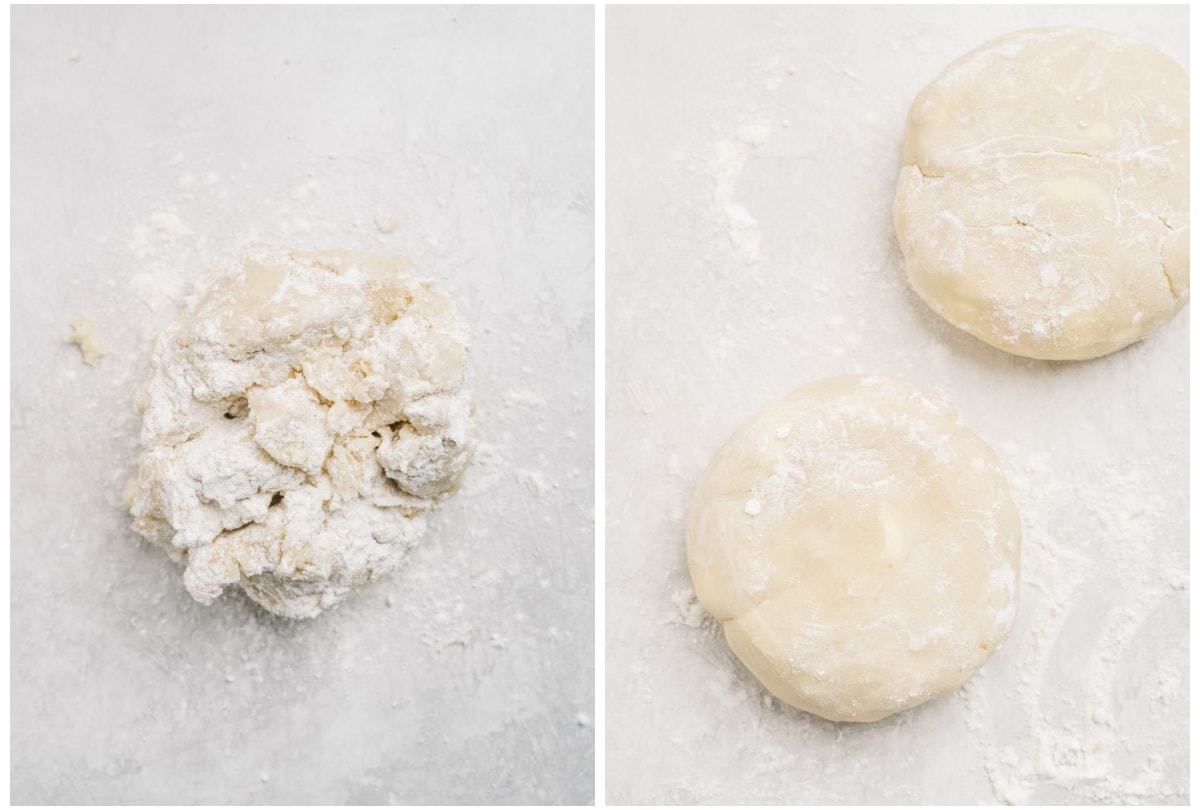 photo collage demonstrating how to shape pie dough into discs before chilling