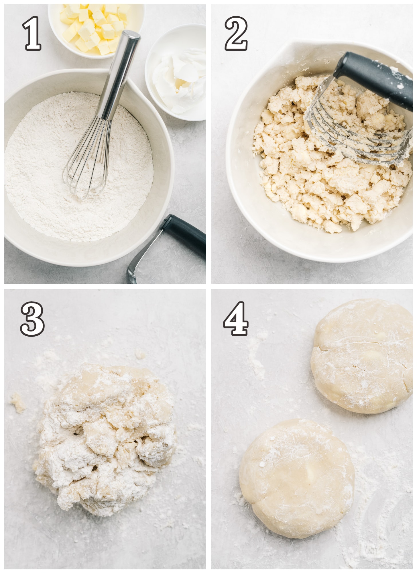 photo collage demonstrating how to make pie dough with butter and shortening.