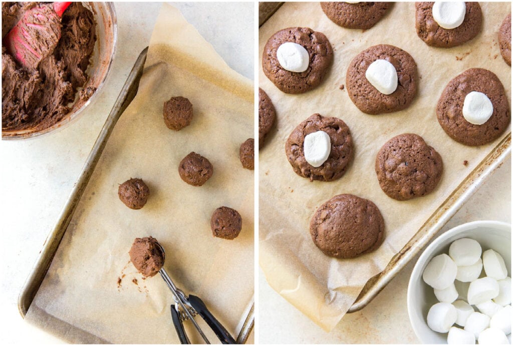 two photo collage demonstrating how to shape hot cocoa cookies into balls and top with marshmallows