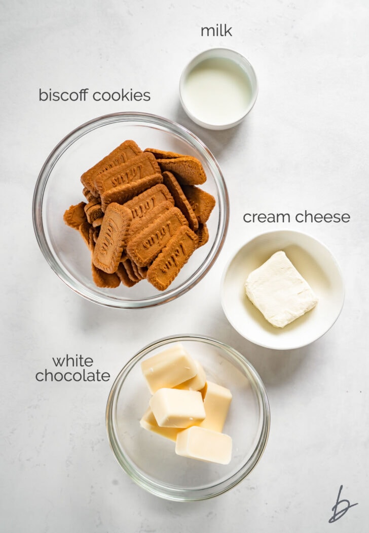 biscoff truffle ingredients in bowls labeled with text