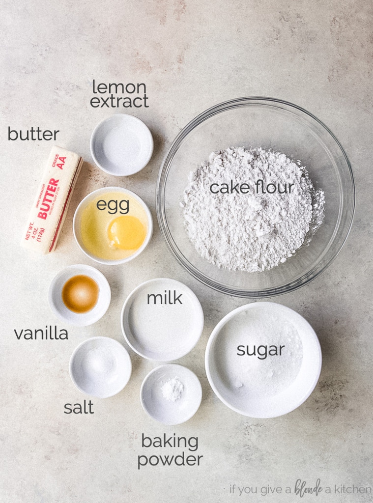 black and white cookie ingredients in bowls labeled with text
