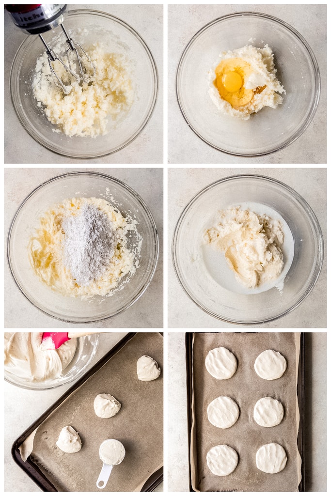 photo collage demonstrating how to make black and white cookie dough with electric mixer and mixing bowl