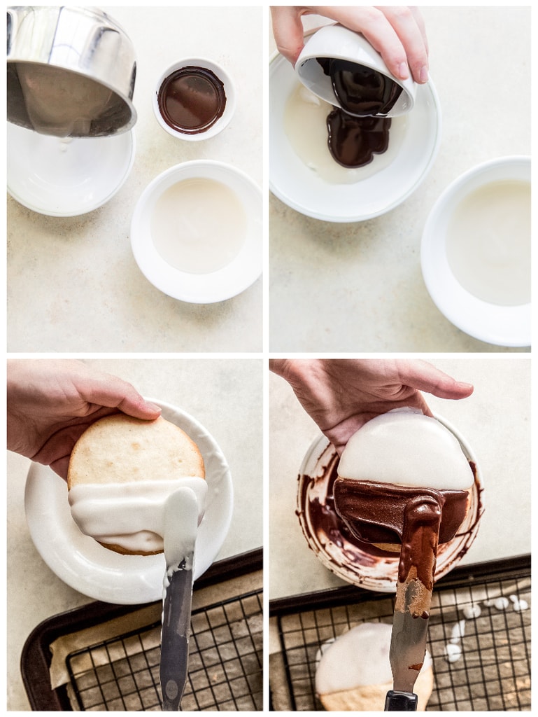 photo collage showing how to make icing and ice black and white cookies
