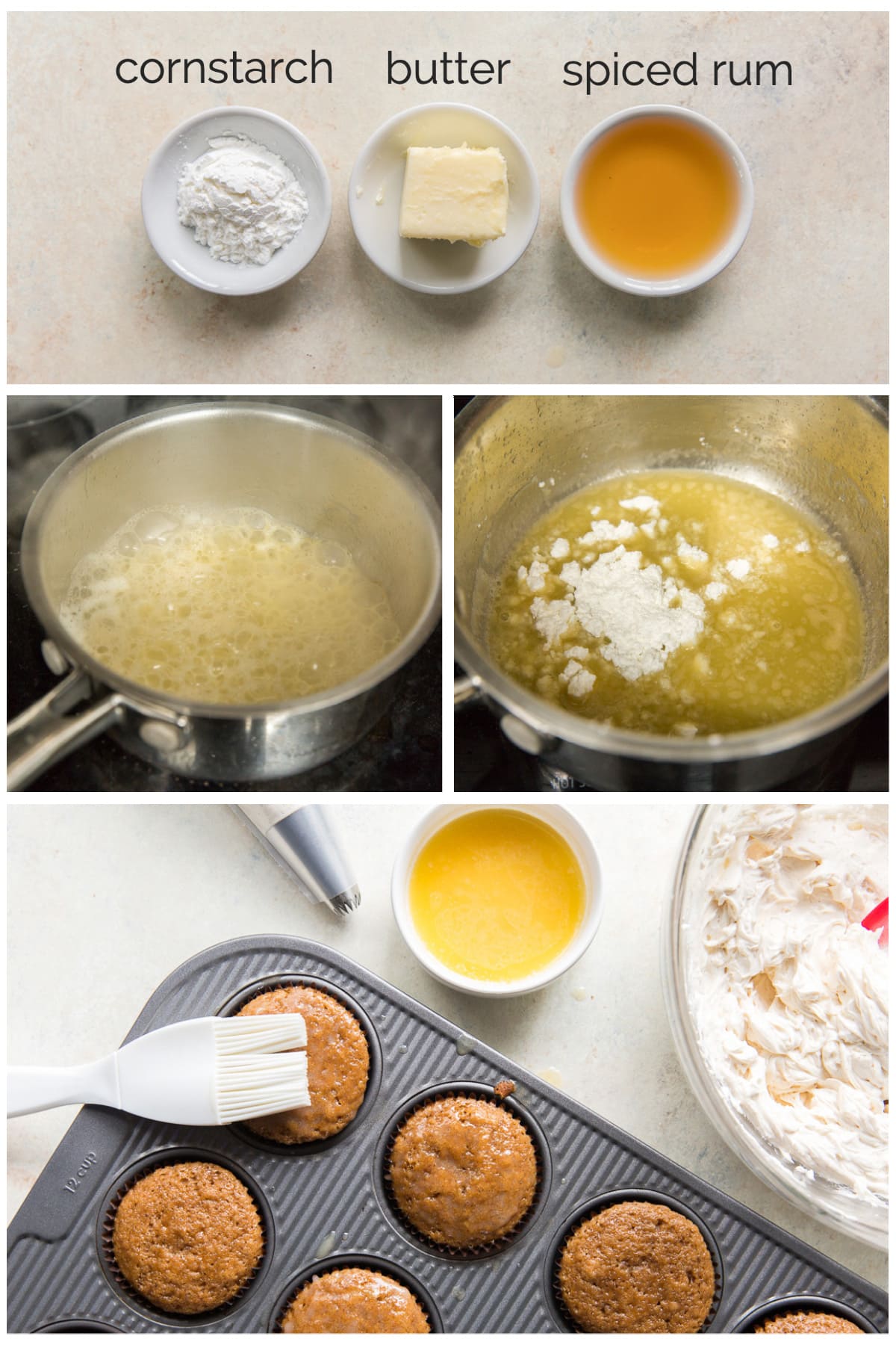 photo collage demonstrating how to make buttered rum syrup