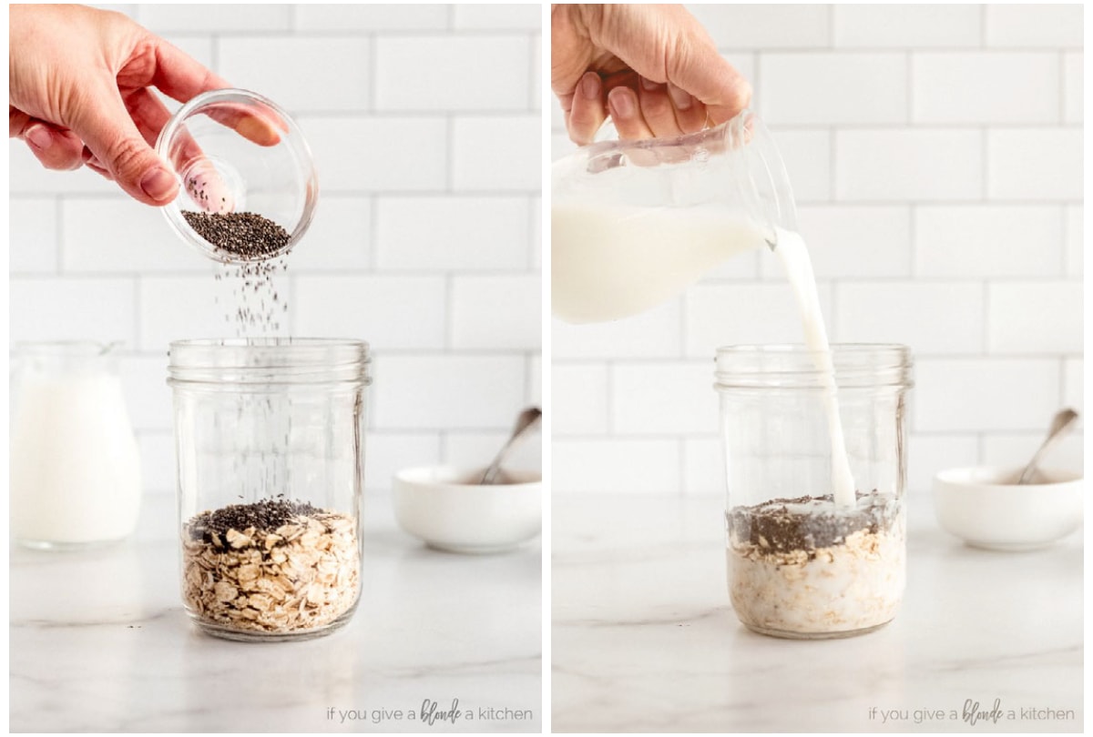 photo collage demonstrating how to add ingredients to mason jar for overnight oats