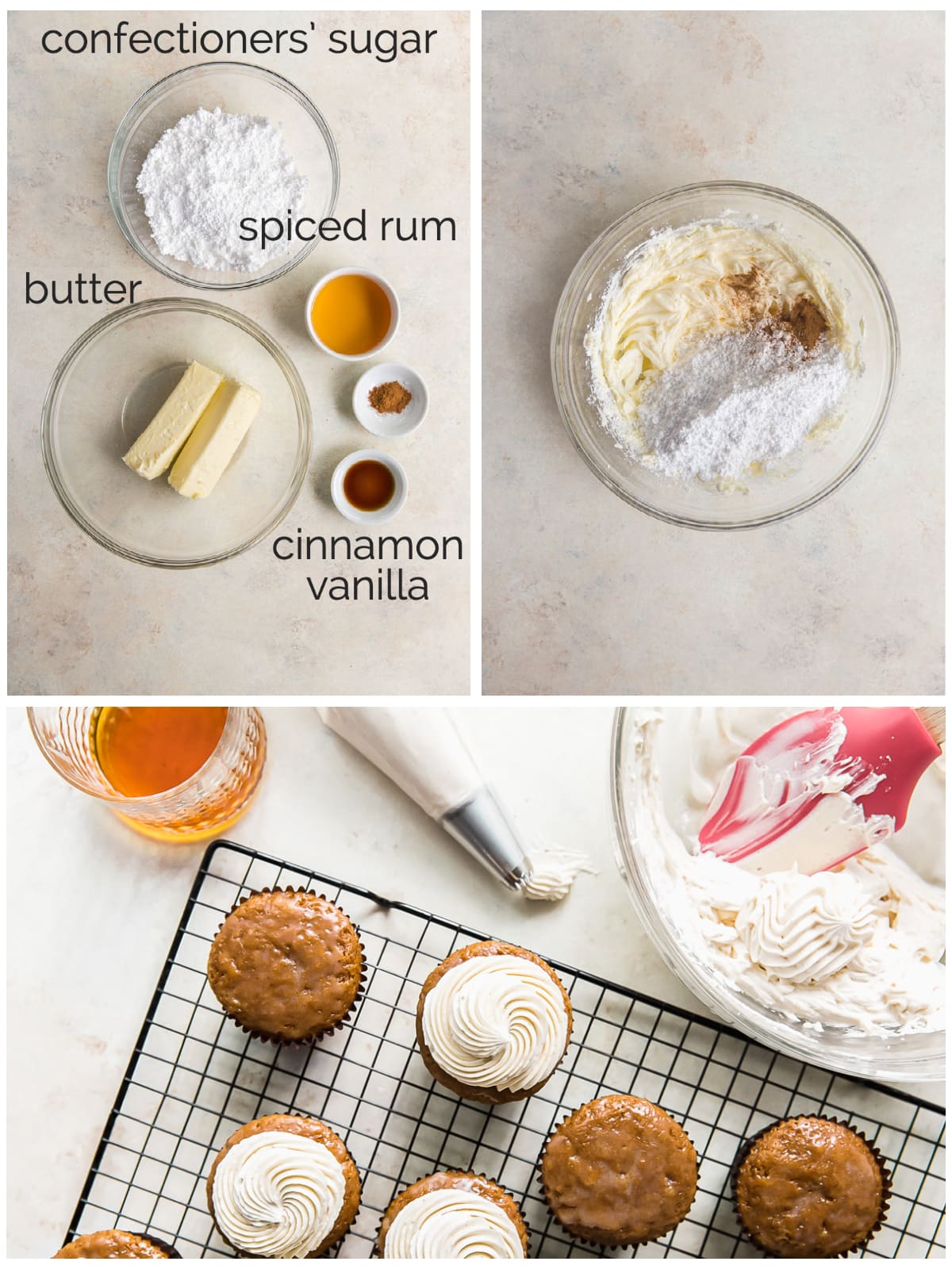 photo collage showing ingredients and steps to make rum buttercream frosting