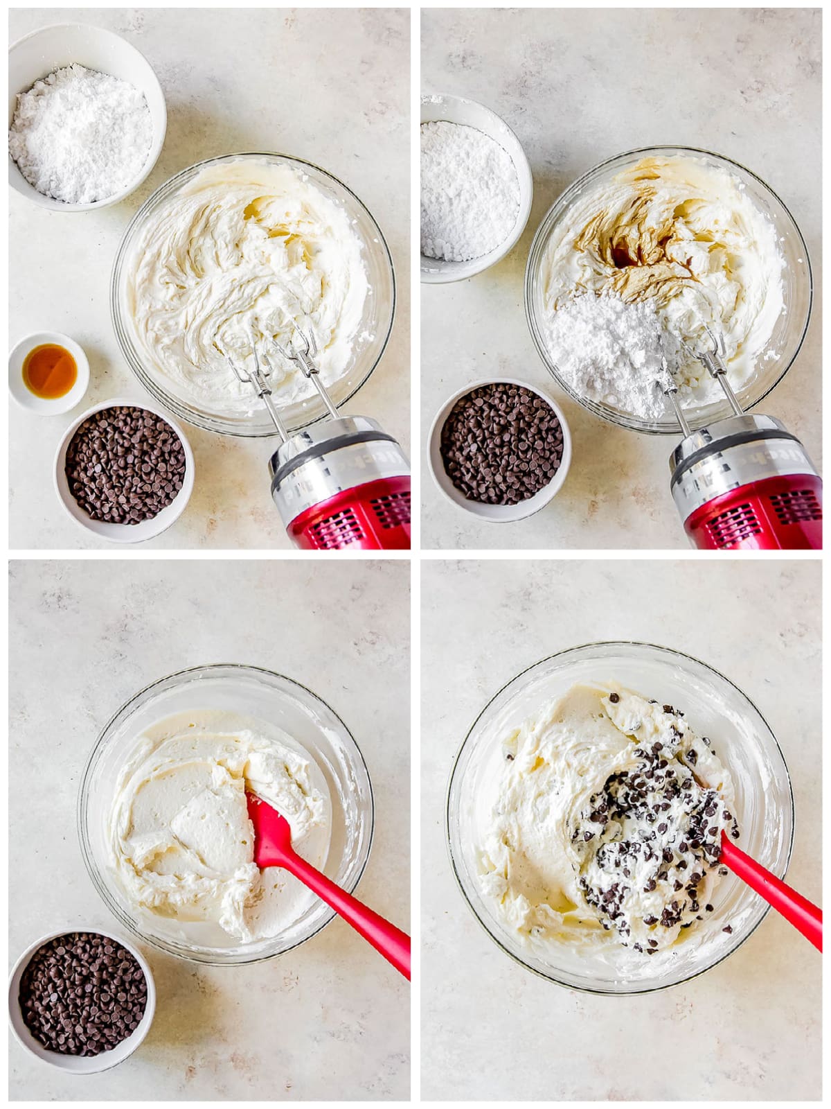 photo collage demonstrating how to make cannoli dip in a mixing bowl