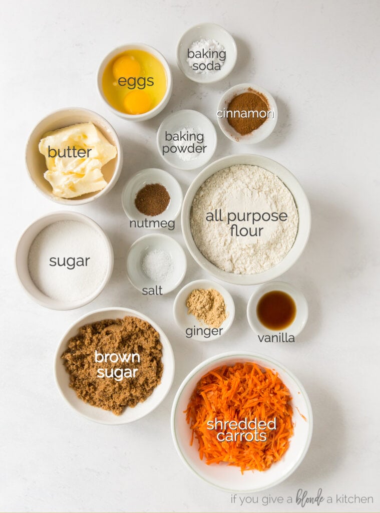 carrot cake whoopie pie ingredients in bowls labeled with text