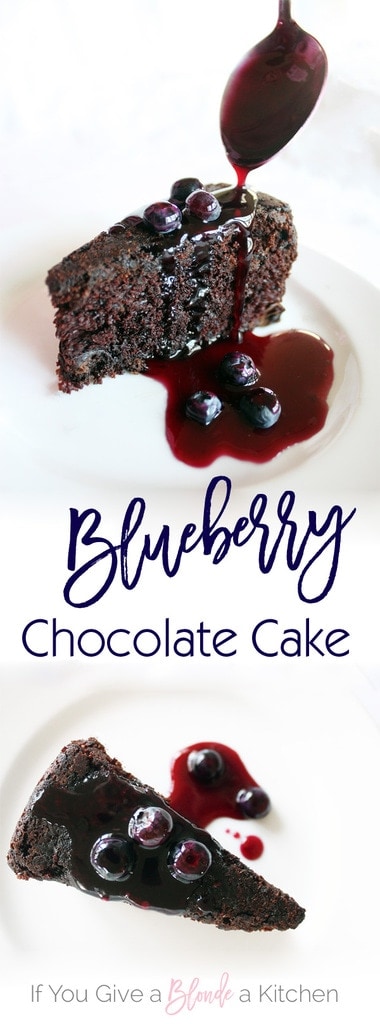 This delicious chocolate cake is sweetened with blueberries in and on the cake. The blueberry sauce is not only delicious on the cake, but on ice cream too!| Recipe by @haleydwilliams