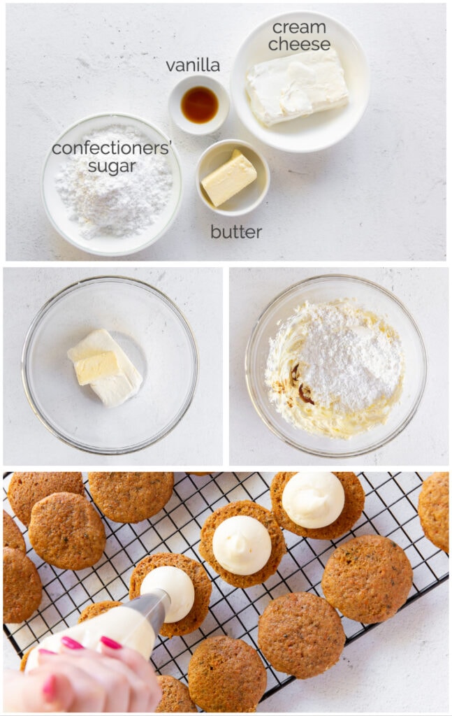photo collage showing the ingredients and steps to make cream cheese frosting for carrot cake whoopie pies