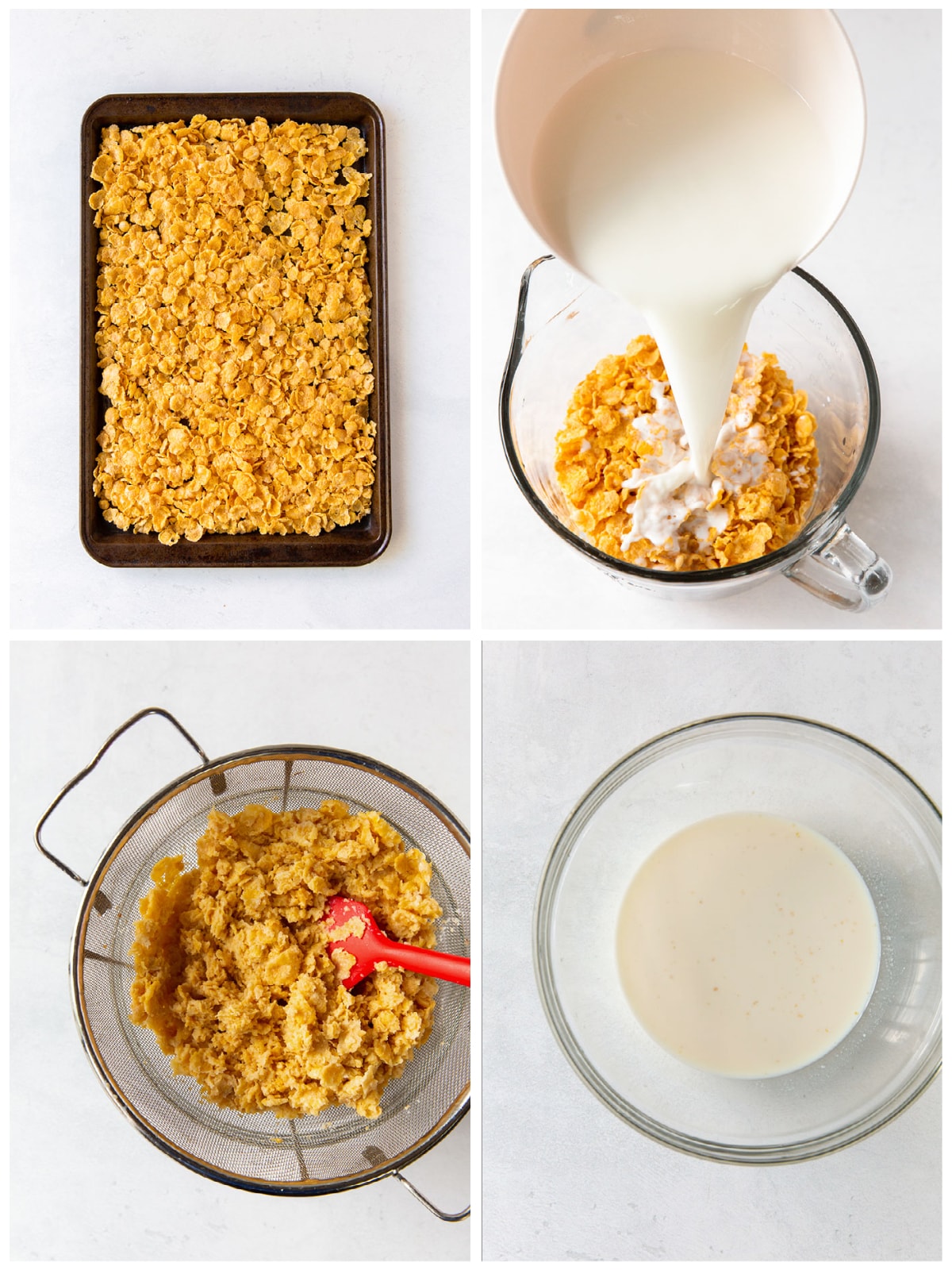 photo collage demonstrating how to toast and steep corn flakes to make cereal milk for ice cream